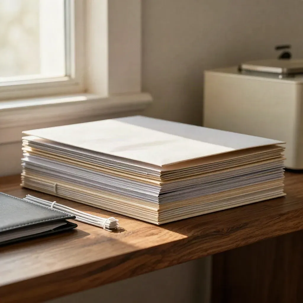 Closed binder, envelope stack, cable ties and document wallet on a walnut shelf in warm morning light.