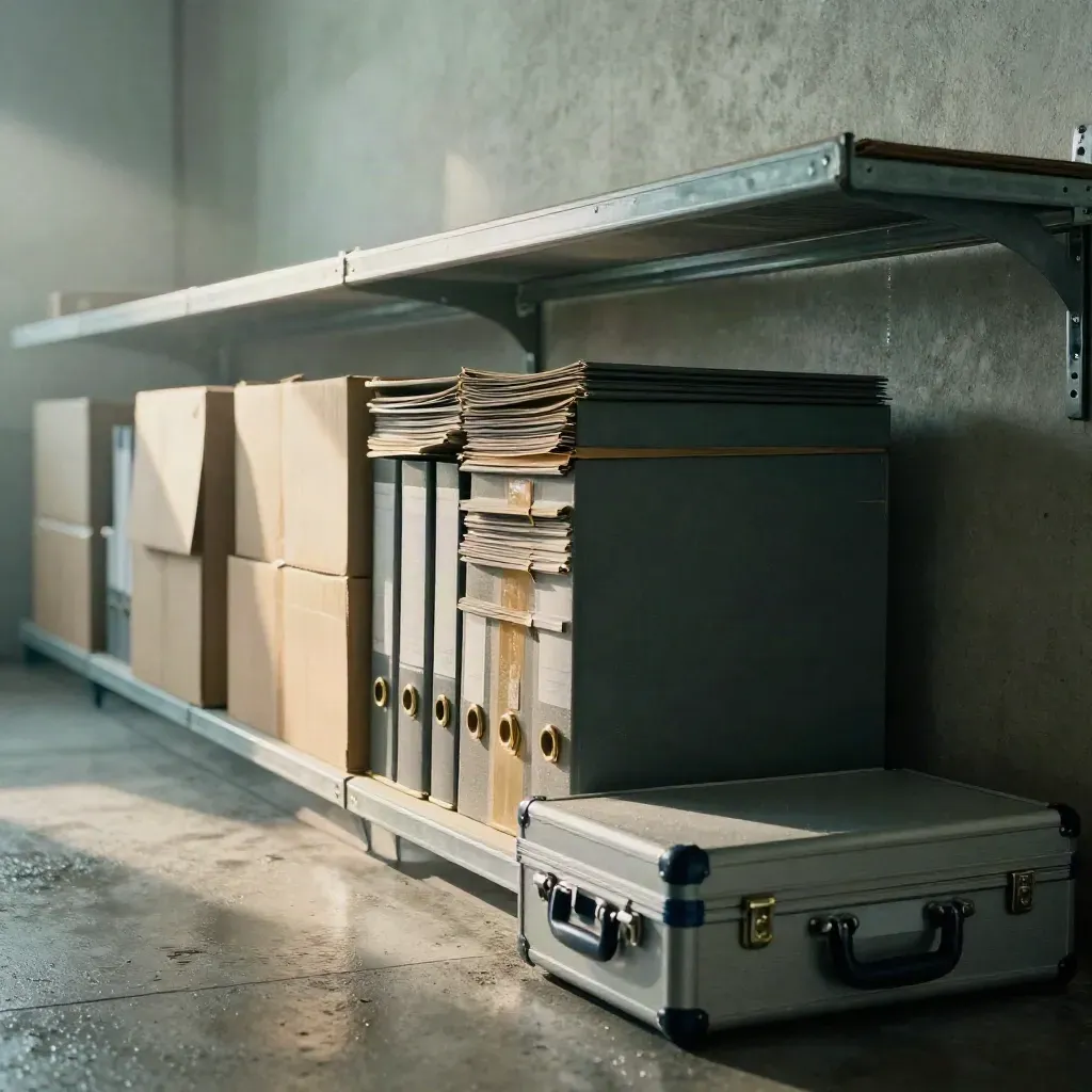 Sealed cartons, binders, and a navy courier case in a rain-washed closeout bay at dawn