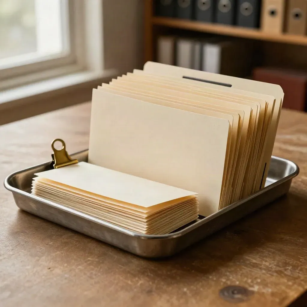 Brass clip gathers loose punch-list tabs beside a cleared stack of folders in window light.