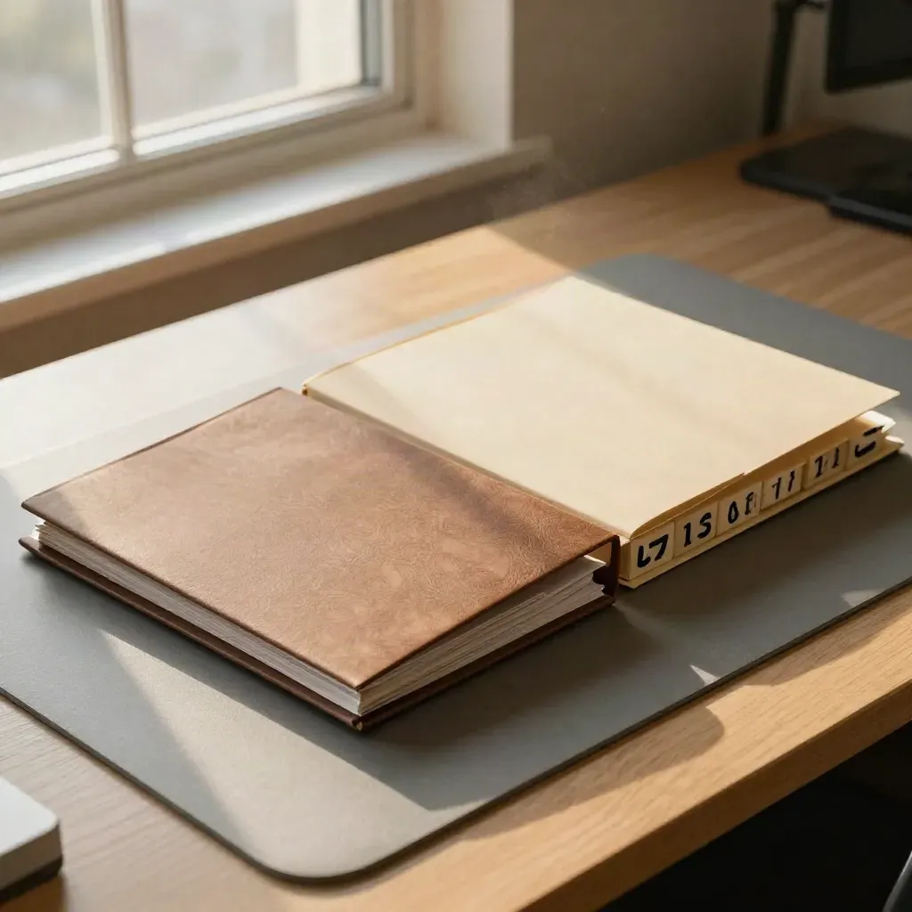 Slate folders and turned-away date blocks on a clean mat, restored into a tidy diagonal.