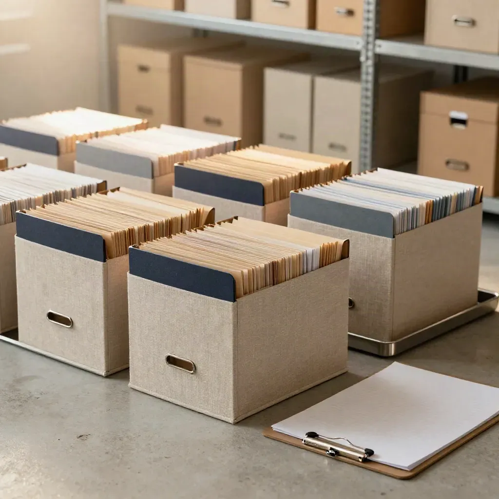 Audit folders and closed file boxes in a modern ops room, shot diagonally in soft daylight.