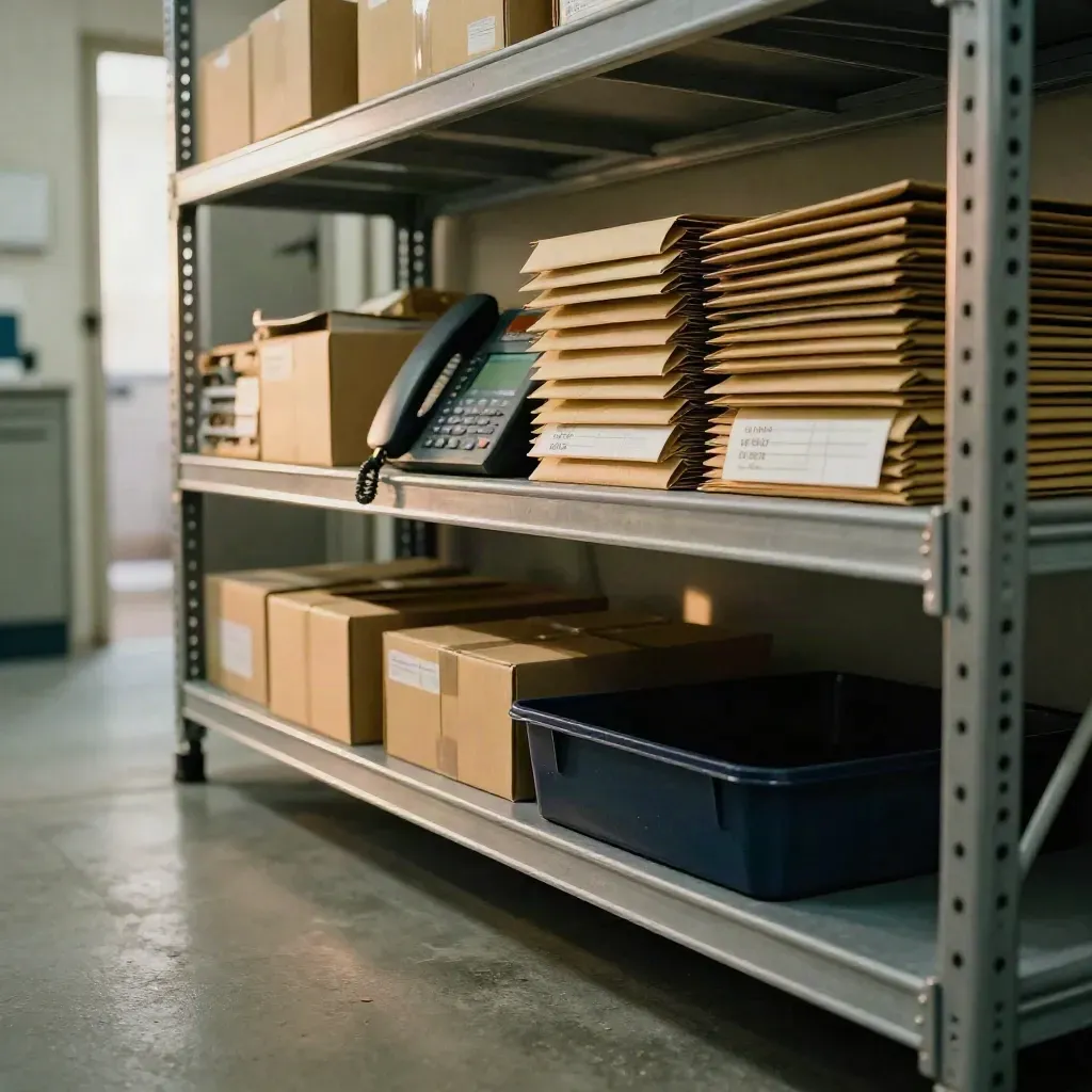 Dim ops shelf with sealed dispatch envelopes, dark phone dock, and turned labels in a hazy aisle.