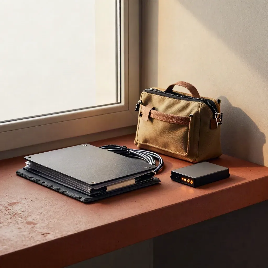 Support kit with folder, cables, pouch and backup drive on a clean utility shelf in soft daylight.
