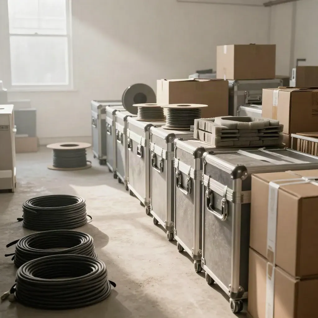 Sealed launch cases, shipping cartons, and cable spools in a bright finished room.