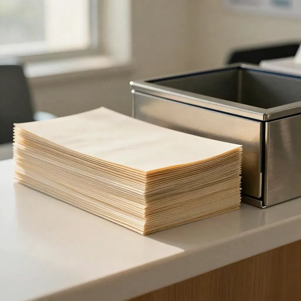 Clinic reception counter with stacked sleeves, closed cash drawer, and tidy return bin in daylight