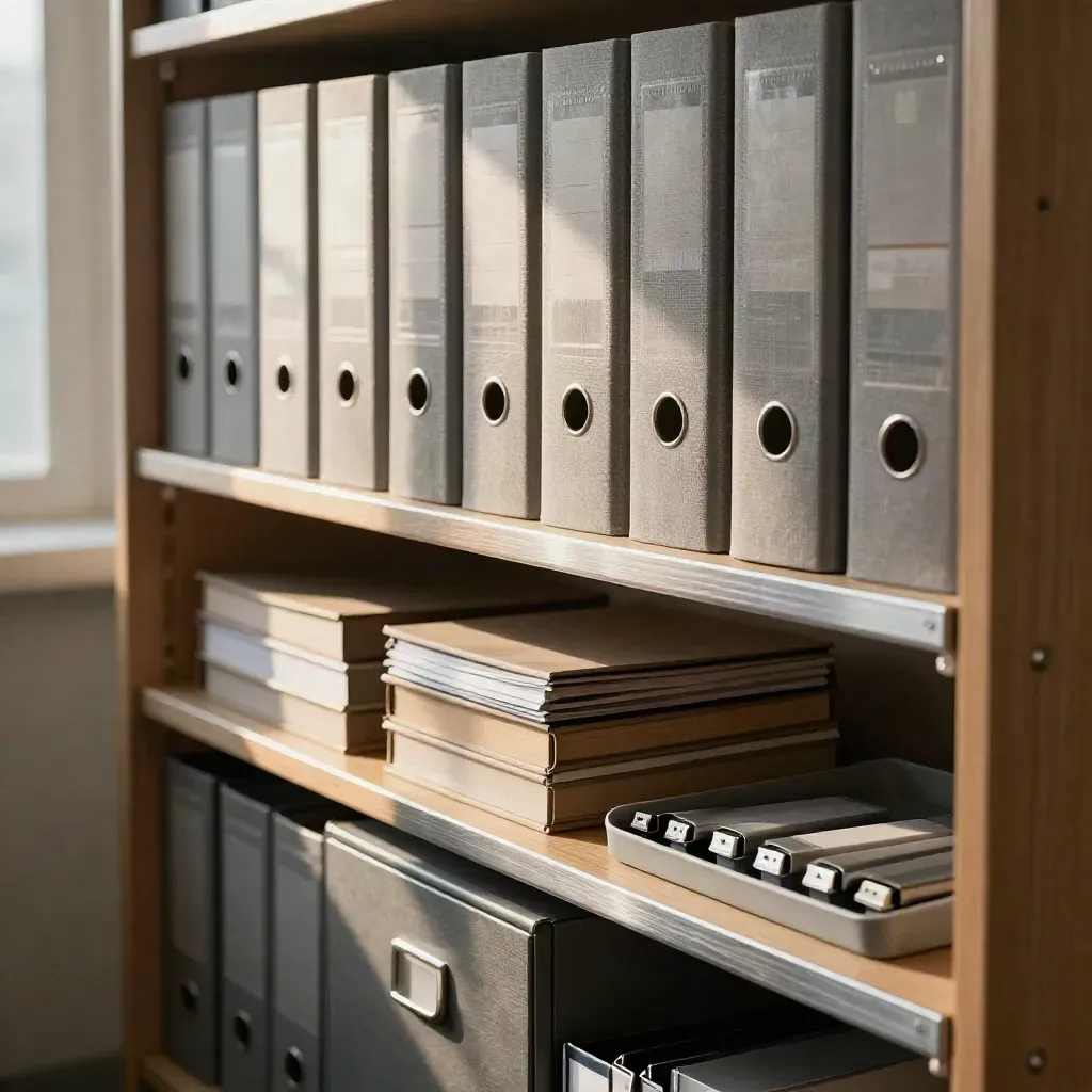 Neat startup archive shelf with binders, file drawer, and backup sleeves in warm window light.