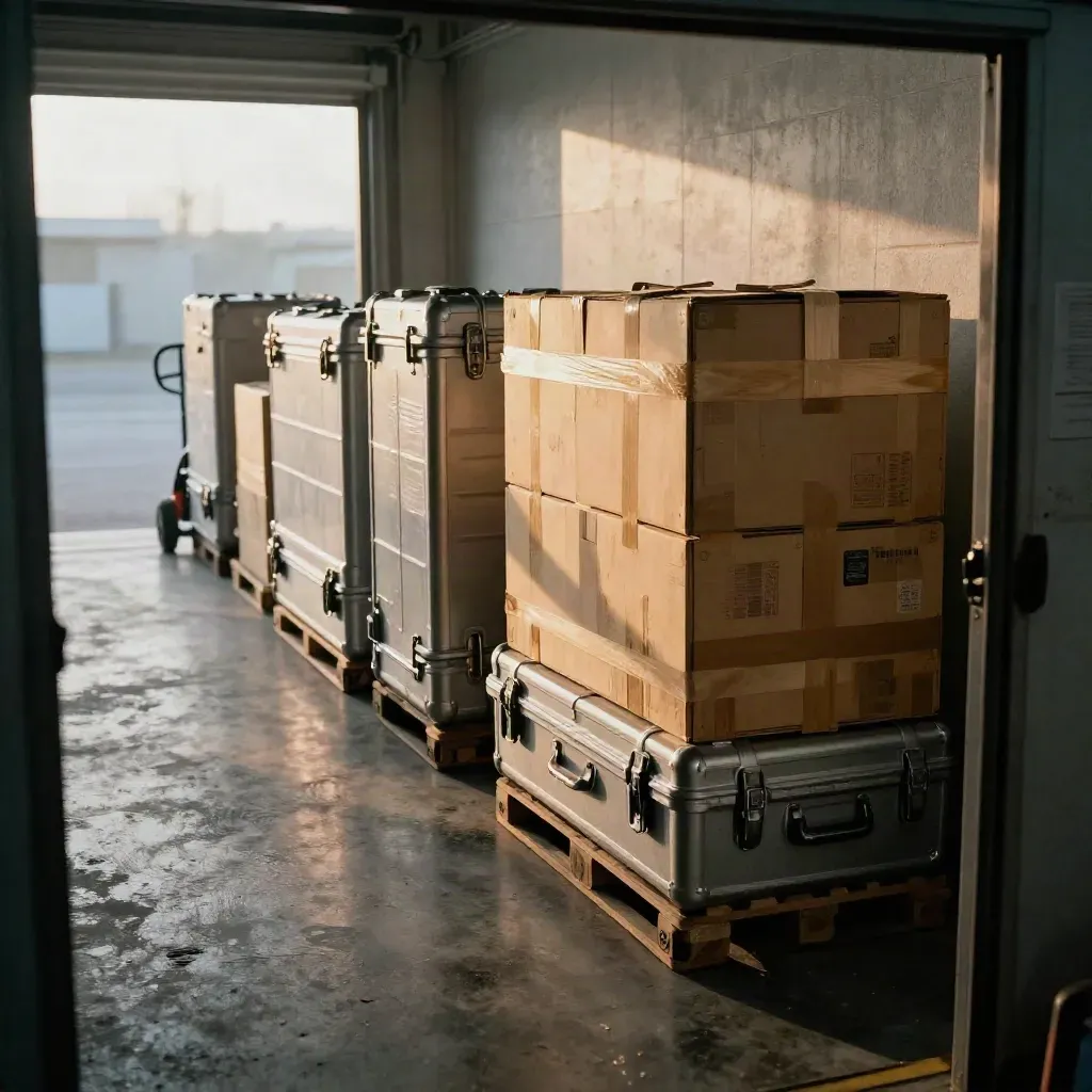 Sealed launch cases and a taped crate in a hazy warehouse, ready to ship.