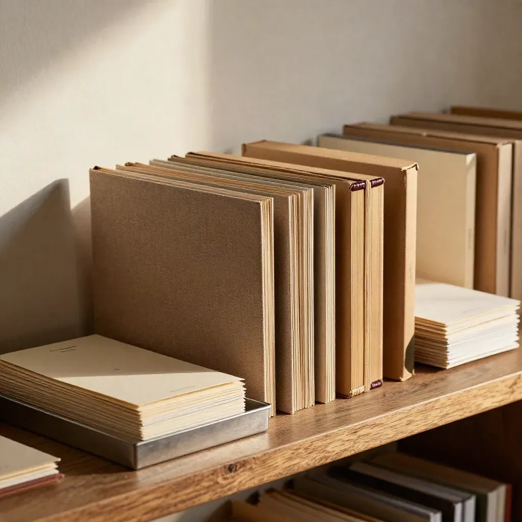 Archive shelf with sealed boxes, flipped sample boards, and closed correspondence sleeves.