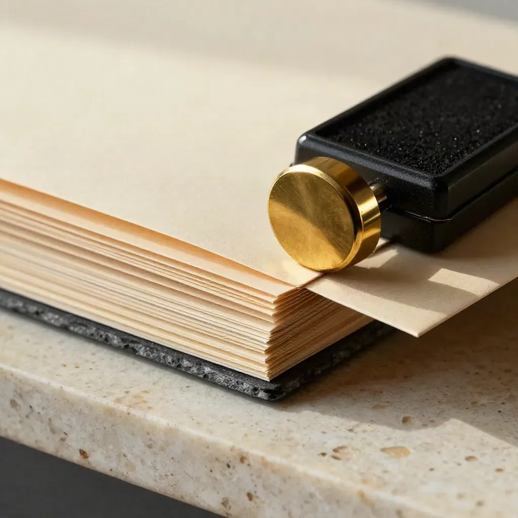 Macro of brass clip, tabbed folders, stamp pad and sealed envelope on travertine.
