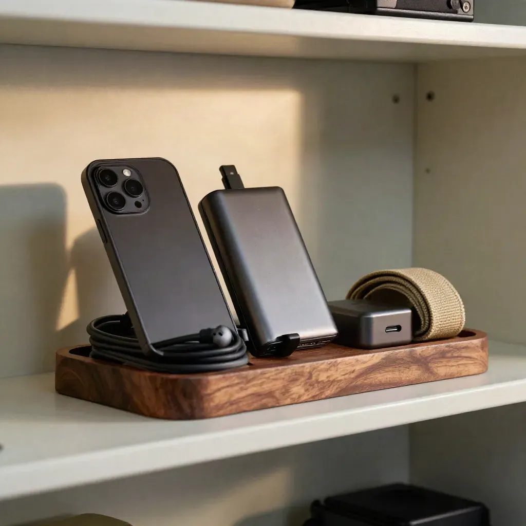 Ops toolkit with phone dock, cable coils, power bank and earbuds case in a diagonal still life.