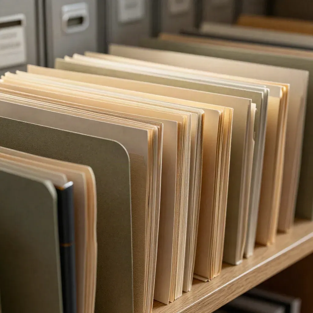 Archival folders, linen tabs, and a matte paperweight on a pale oak archive shelf.