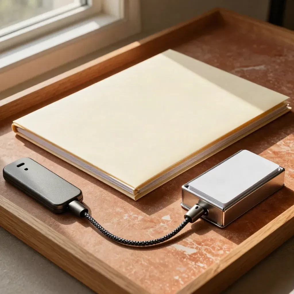 Client closeout tray with folder, phone dock, braided cable and card holder