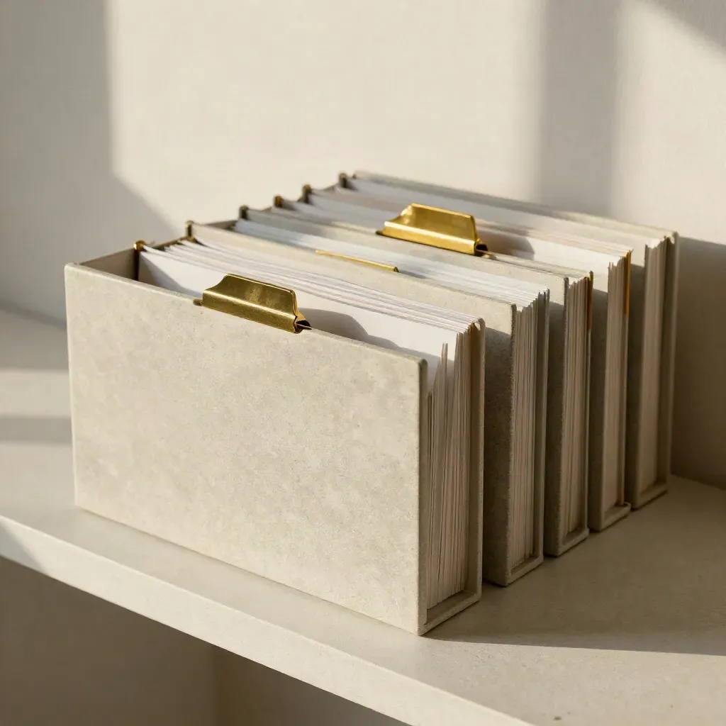 Closed binders, blank dividers, and a brass clip on a pale shelf.