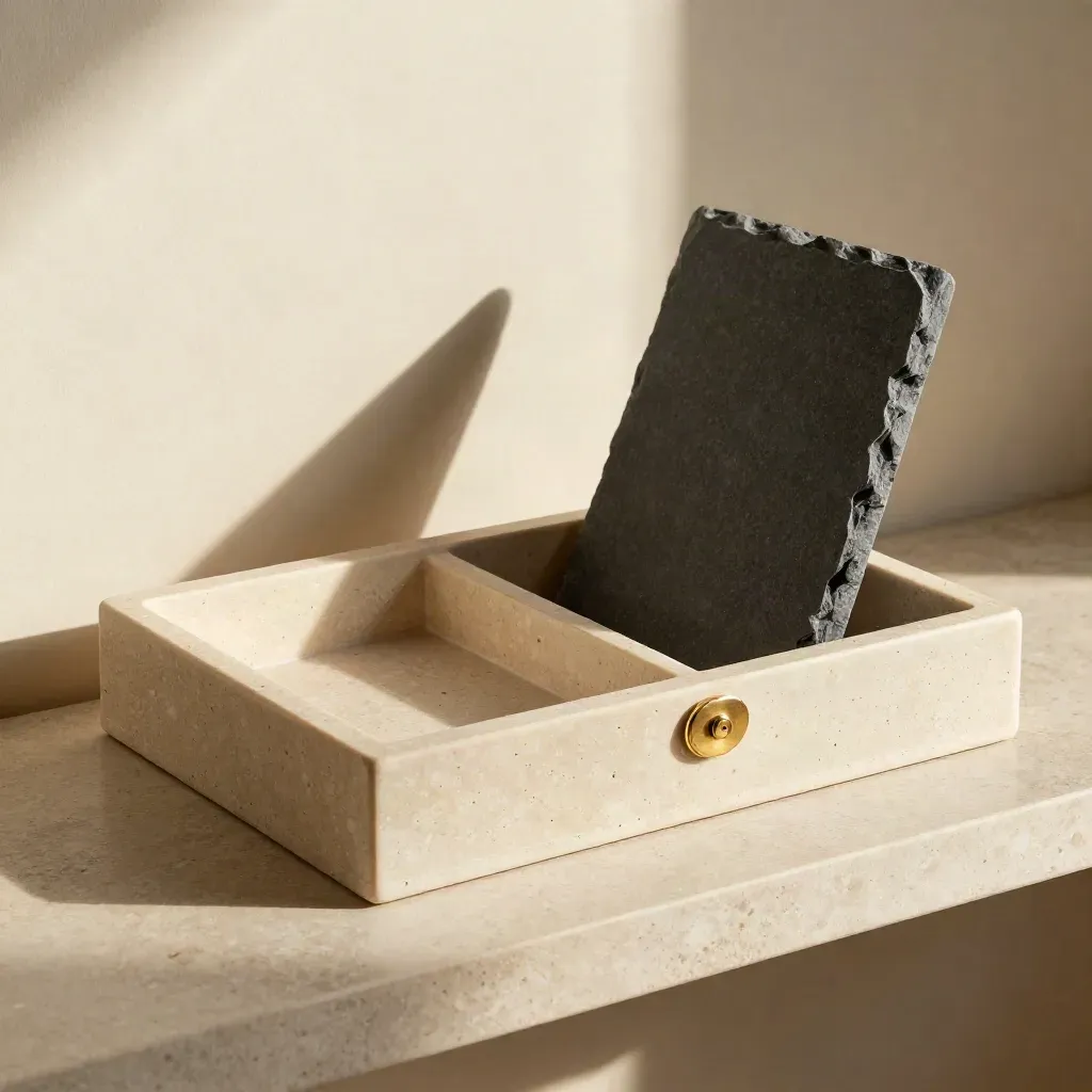Stone tray with an empty slot, brass clip, and file divider in soft daylight.