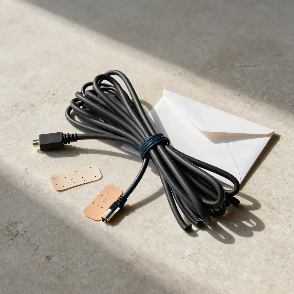 Overhead flatlay of cables, adhesive dots, and a sealed envelope edge on pale concrete.