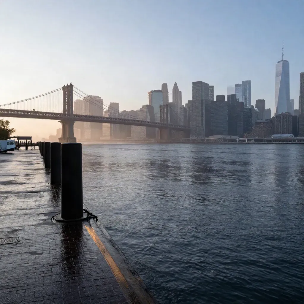 Rainy pre-dawn skyline over calm river, brick piers and bridge silhouettes in mist