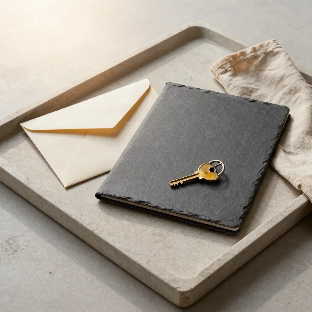 Stone tray with sealed handoff envelope, closed folder, brass key ring, and folded cloth.