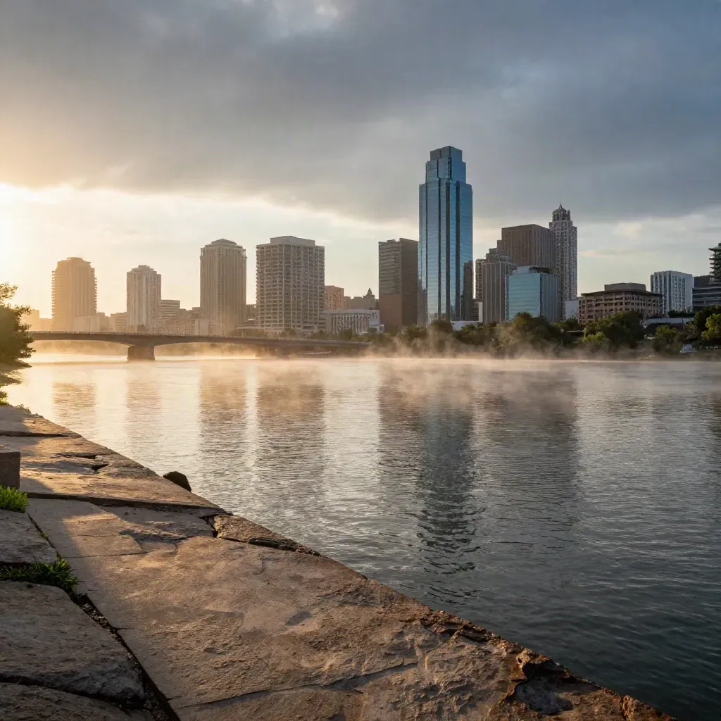 Austin skyline over Lady Bird Lake at sunrise, bridge and mist with open water below.
