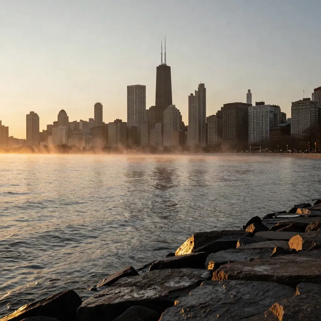 Chicago lakefront skyline in fog above calm winter water and stone shoreline at sunset.