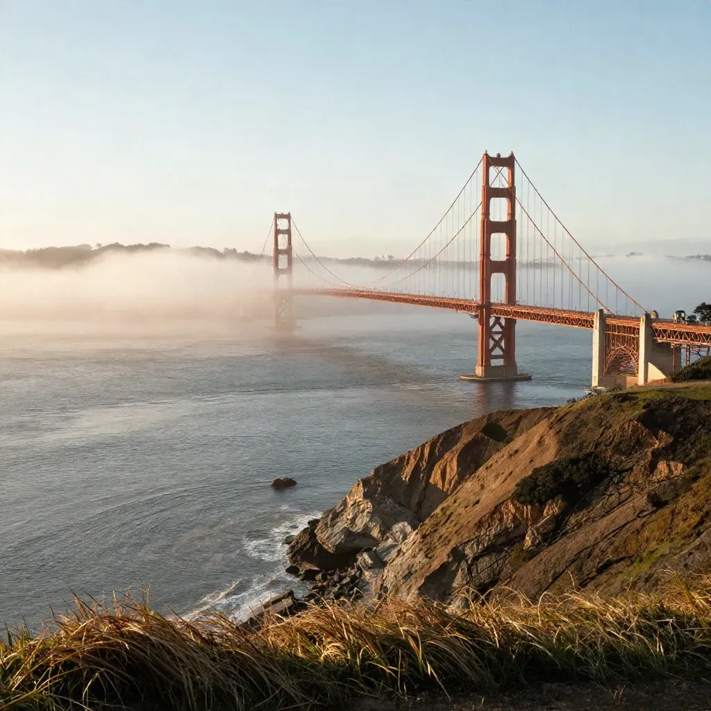 Golden Gate Bridge above a foggy bay at sunset, with open calm water and bluff grass below.