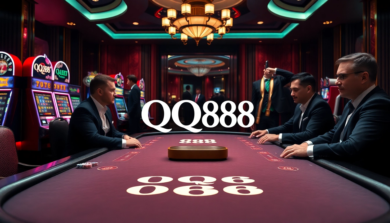 Players enjoying a thrilling poker game at QQ88's vibrant online casino table