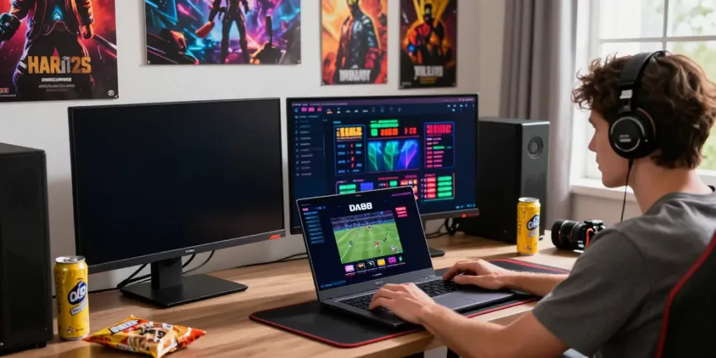 Engaging online gaming scene with DA88 platform on a laptop, dual monitors, and vibrant atmosphere.