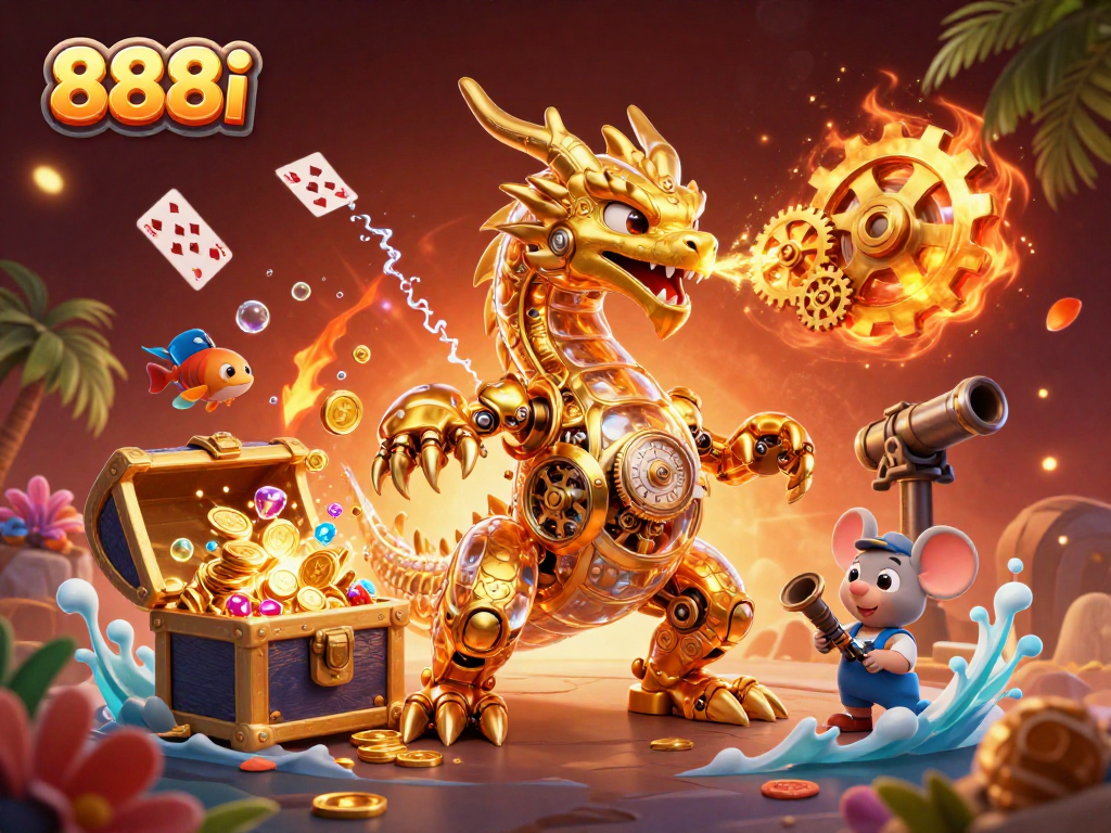 Engage in the thrilling 888i gaming experience with our stunning underwater dragon and treasure scene.