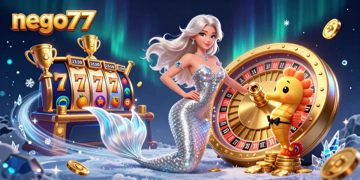 Experience the thrill of nego77 with a glamorous woman by a golden roulette wheel, surrounded by vibrant casino elements.
