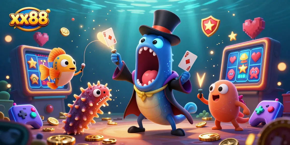 Experience exciting gambling action at xx88 with colorful underwater casino characters performing a magical show.