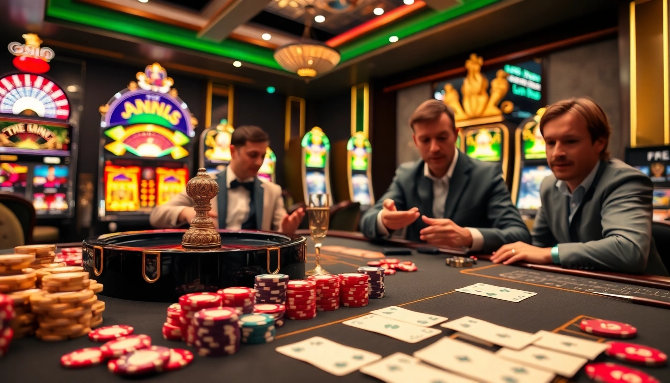 A thrilling casino scene highlighting vibrant gameplay and excitement at https://www.vaoluoitv.com/, featuring poker chips and a roulette wheel.