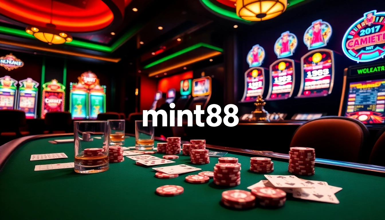 Engage with thrill and luxury at the mint88 casino scene featuring poker chips, cards, and roulette.