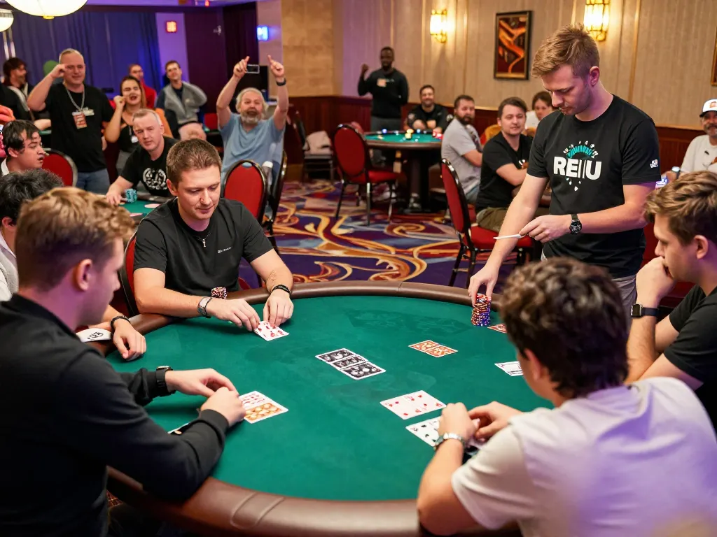 The captivating poker tournament scene with players engaged in debet strategy, showcasing intense gameplay and an electrifying casino atmosphere.