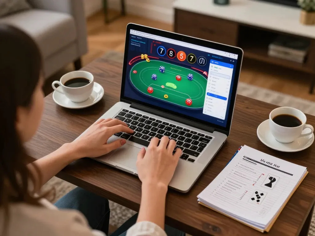 Player enjoying online poker at home with RR88, surrounded by strategy notes and a coffee.