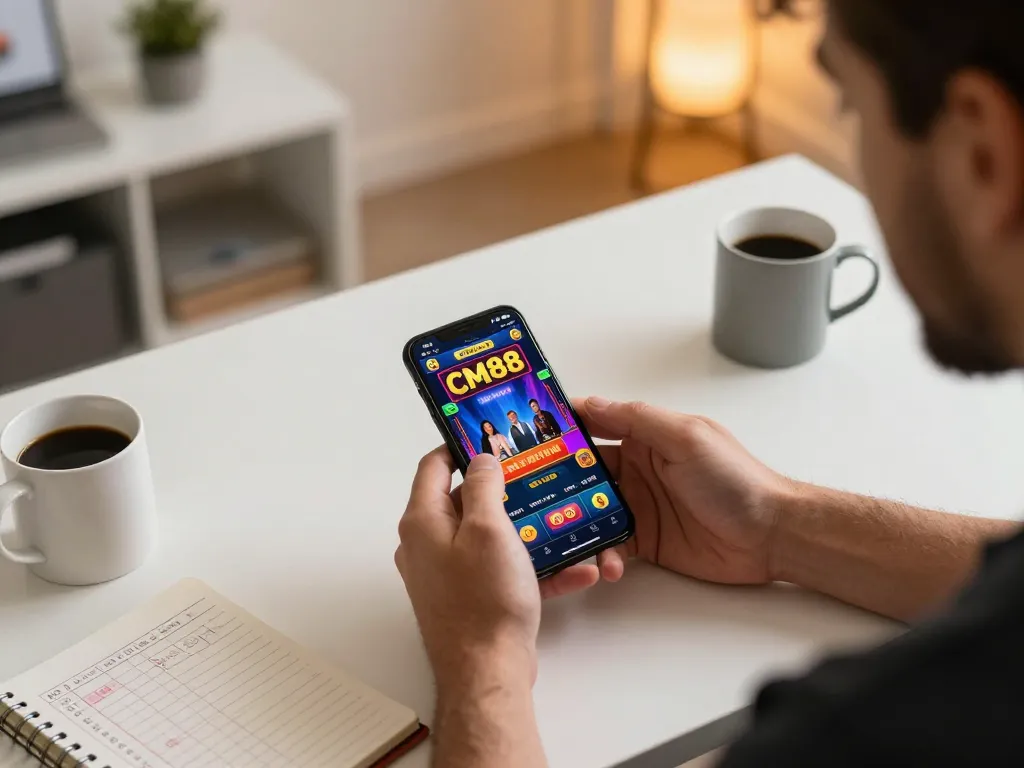 Player enjoying casino gaming on CM88 app via smartphone in modern home office setting