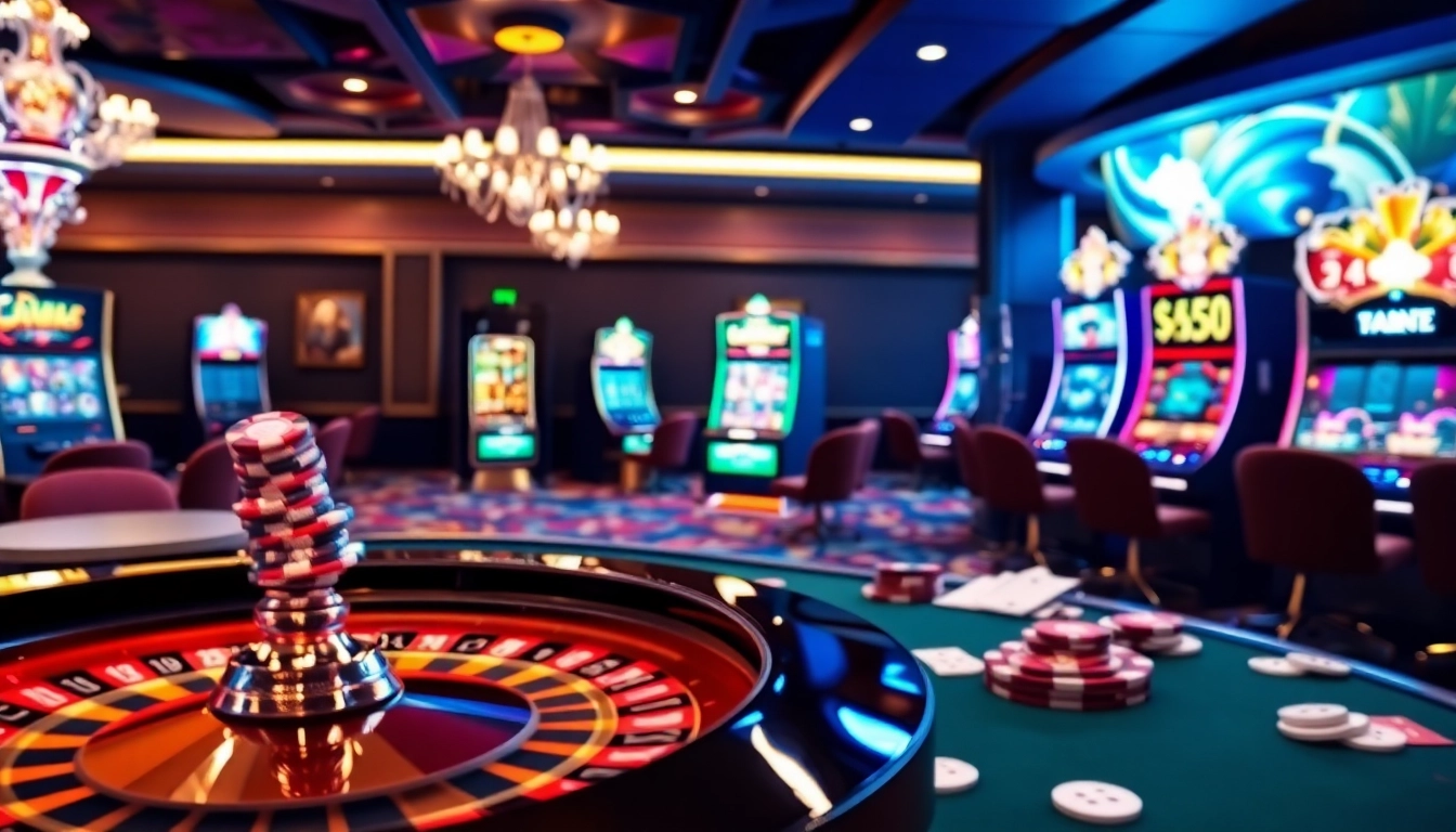 Experience the excitement of gambling at Trụ Sở Nhà Cái 68VIP with a vibrant casino scene featuring roulette, poker chips, and slot machines.