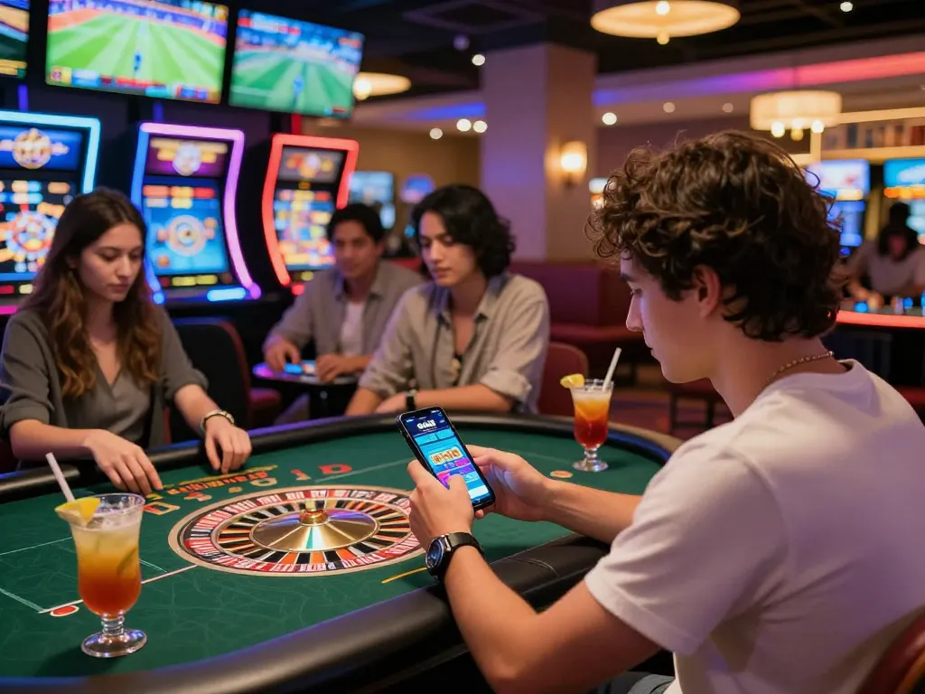 Vibrant casino scene featuring SC88 com mobile gaming app being used by friends enjoying online betting.