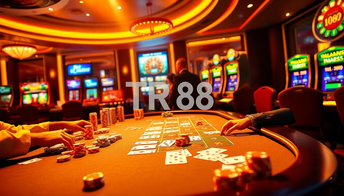 Action-packed casino scene featuring TR88 betting slip on a vibrant gaming table.