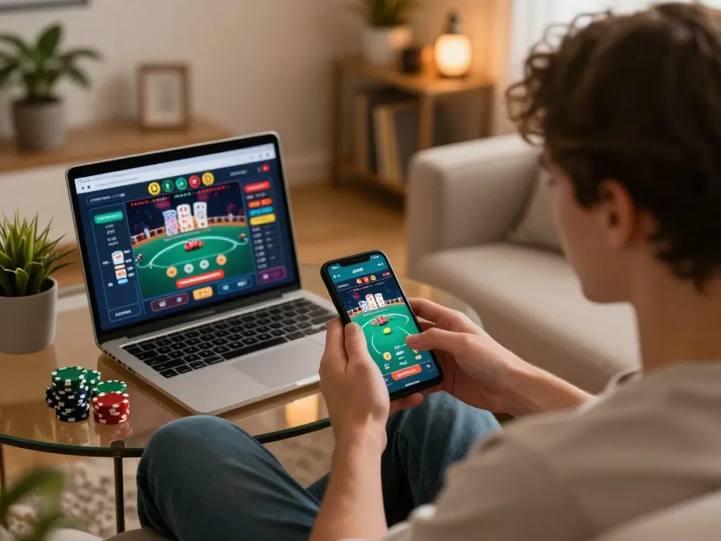 Engaged in sbobet online poker game on mobile in cozy setting, emphasizing strategic gameplay.
