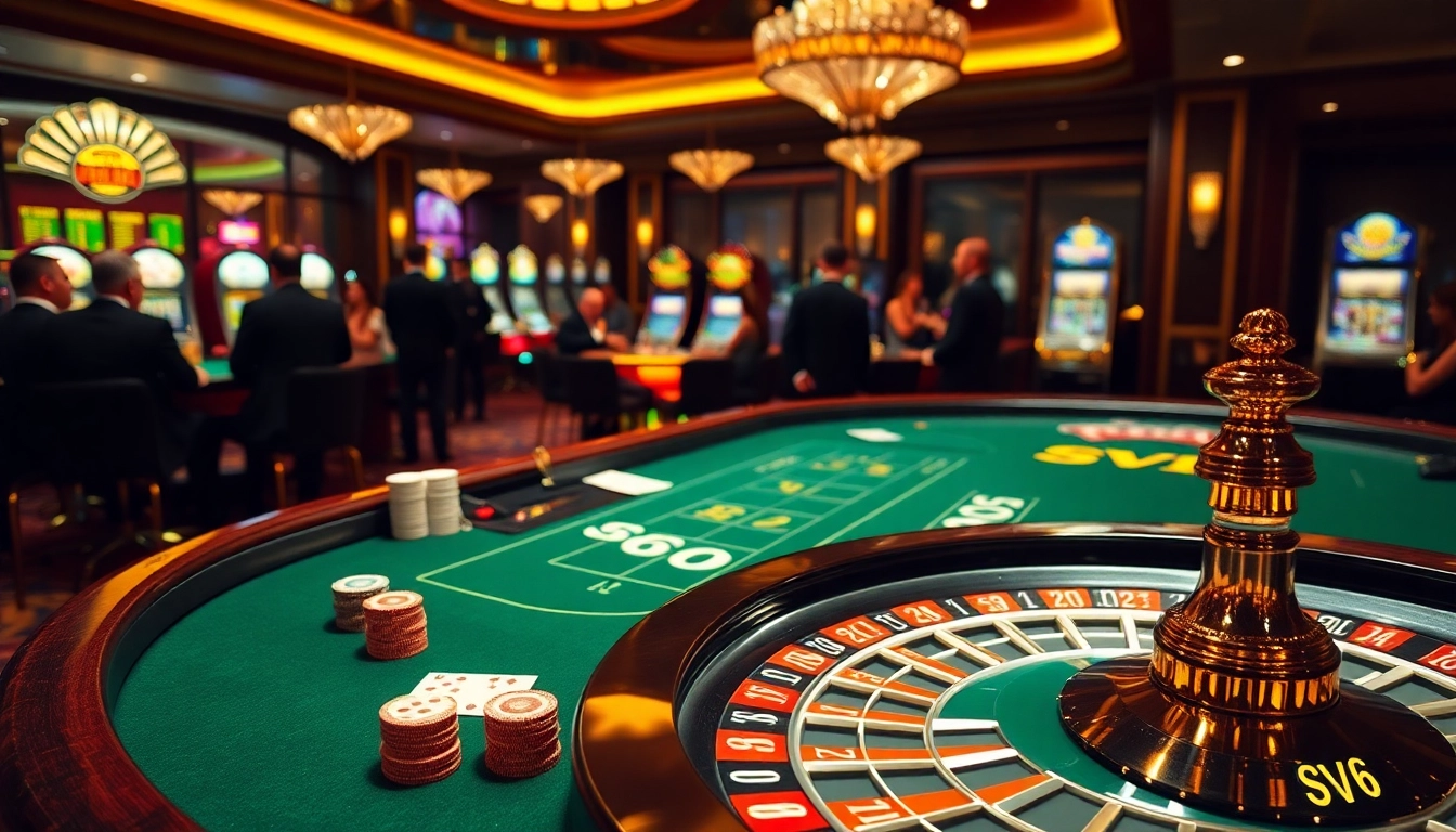 Players enjoying a vibrant casino scene with poker and roulette, highlighting SV66 gaming excitement.