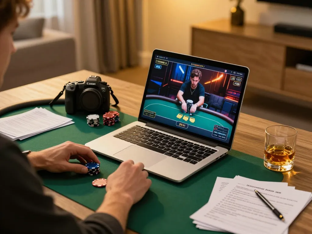 Engaged player strategizing on gem88 poker game online in a modern home office.