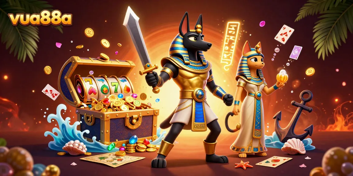 Spin and win with vua88a in a vibrant casino-themed underwater adventure illustration.