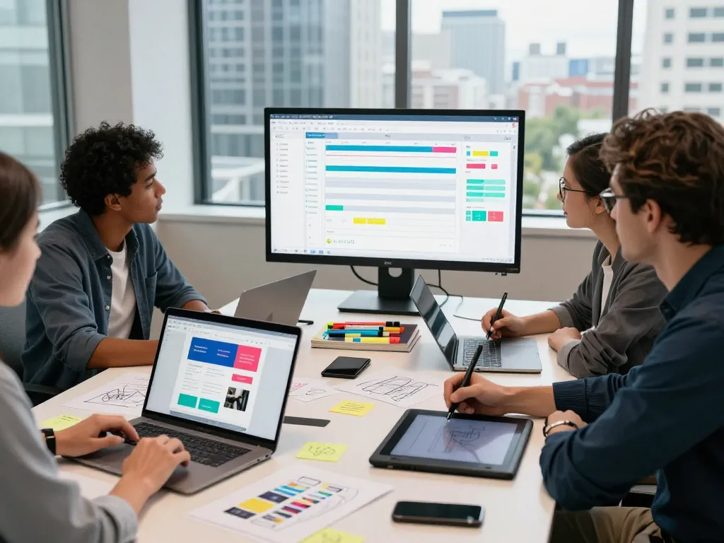 Creative team collaborating in a modern web design studio showcasing vibrant website mockups and brainstorming materials.
