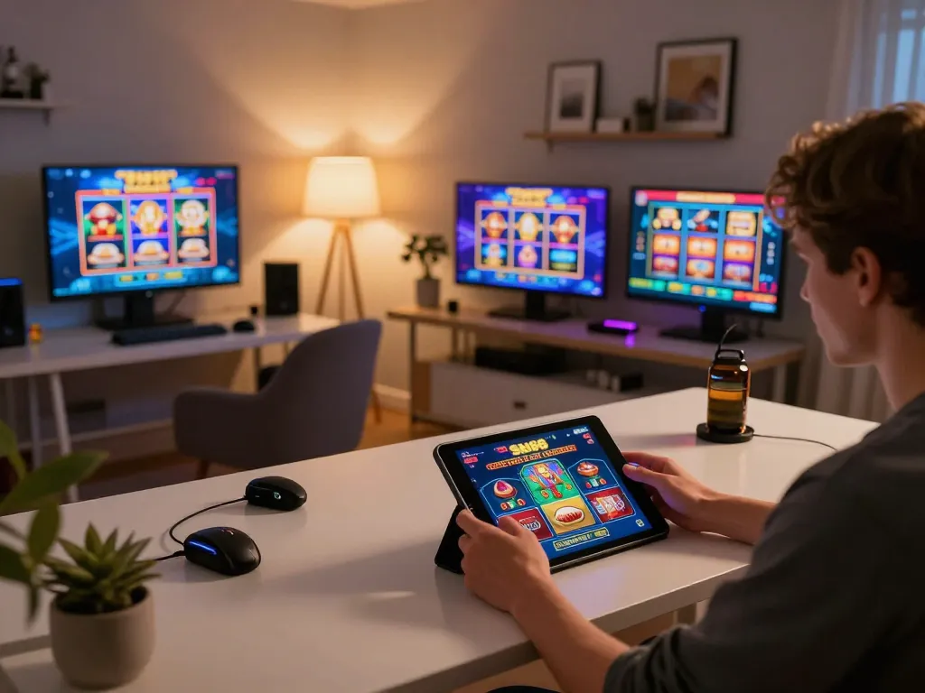 Engaging in sin88 online casino gaming on a tablet with a stylish home setup, showcasing gameplay and inviting atmosphere.