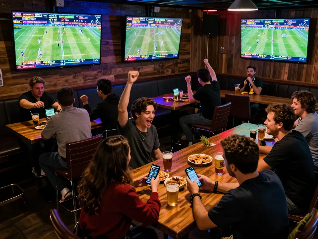 Exciting sports betting scene at five88 with fans celebrating and smartphones engaged in live bets.