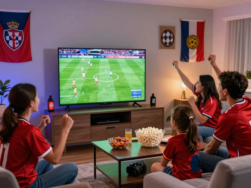 Các fan hâm mộ phấn khích xem bóng đá trực tuyến trong một bối cảnh gia đình sống động trong trận đấu trực tiếp.