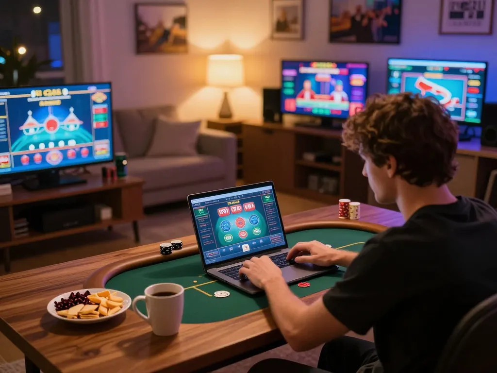Permainan poker yang menarik di platform higgs777, dengan seorang pemain yang merencanakan strategi sambil menikmati suasana rumah yang nyaman.