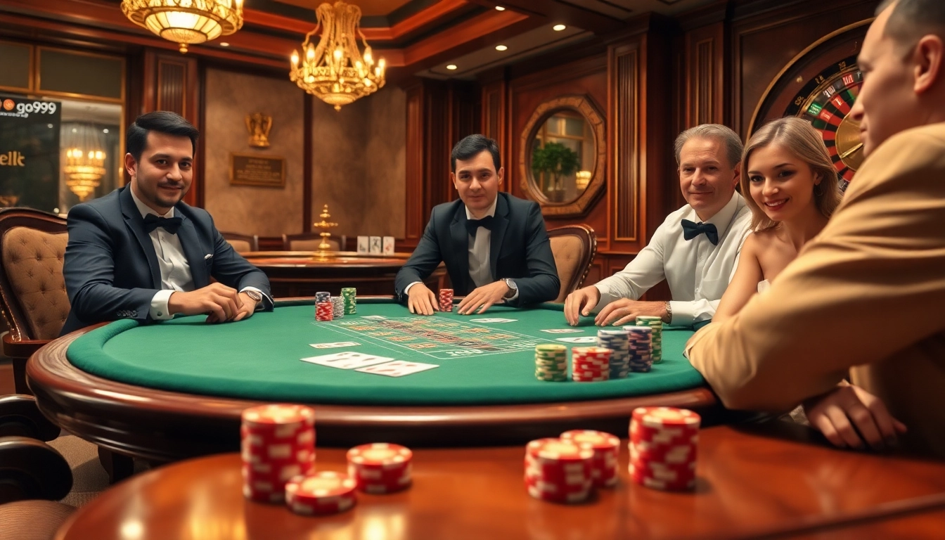 Engaged players at a go99 poker table, showcasing strategy and excitement in a high-stakes casino.