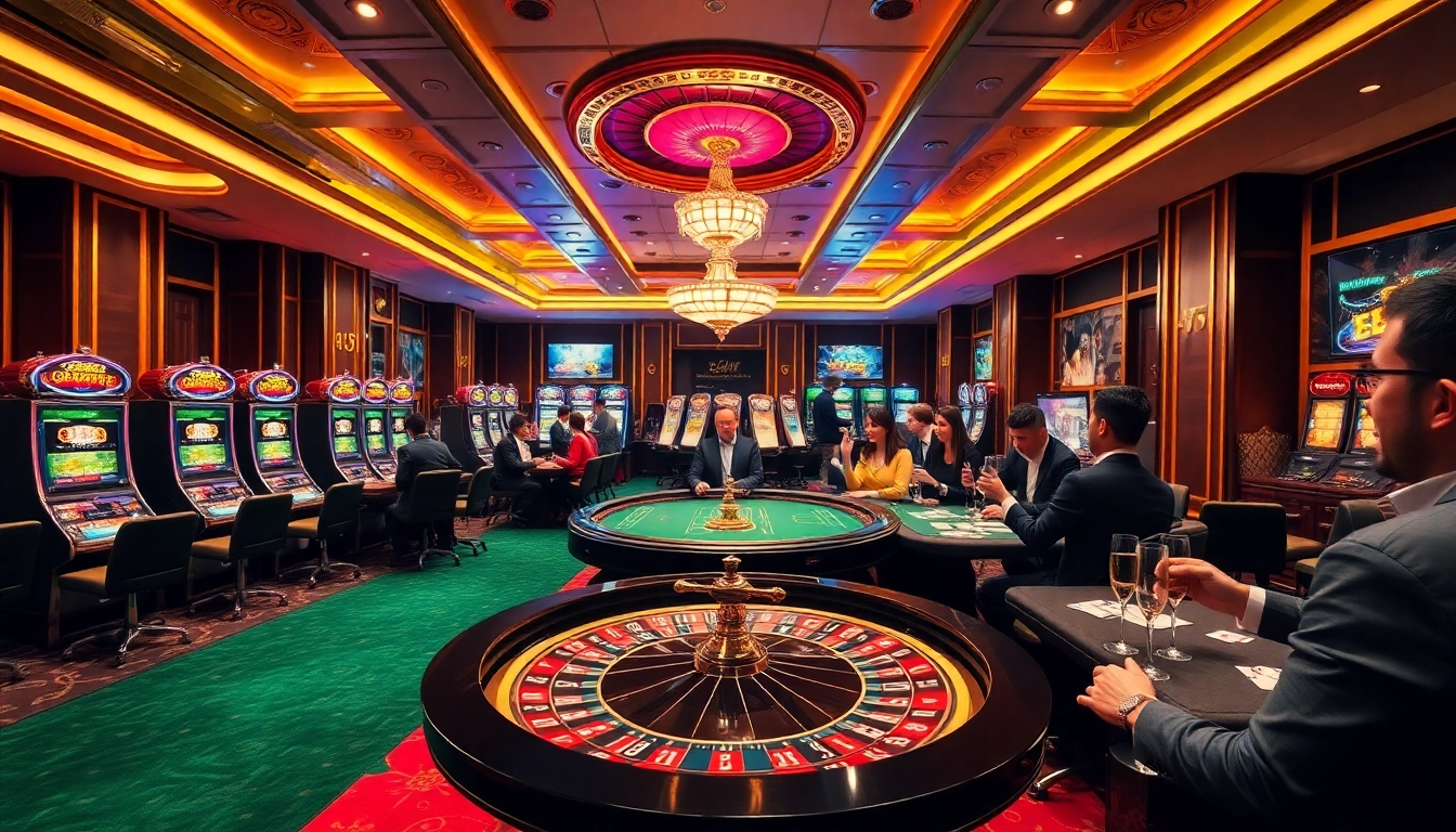 Excited players engaging at a luxurious e2bet casino scene with roulette and poker tables.