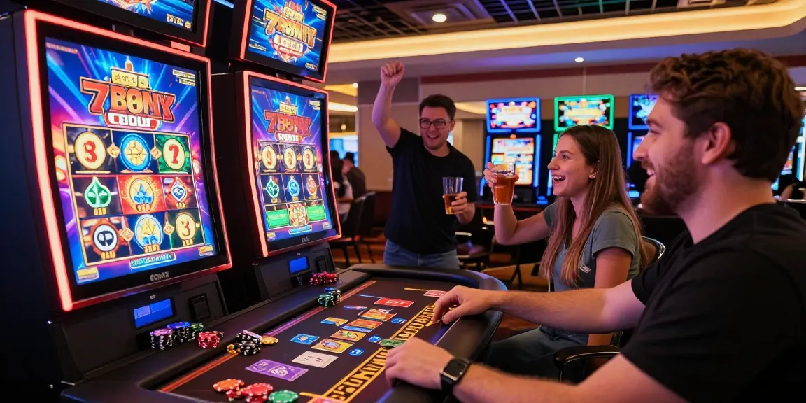 Exciting gaming moment at 789Club with vibrant slot machines and cheering friends