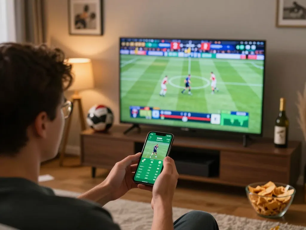 Sports betting enthusiast using the sin88 app on smartphone while watching live games, capturing excitement at home.